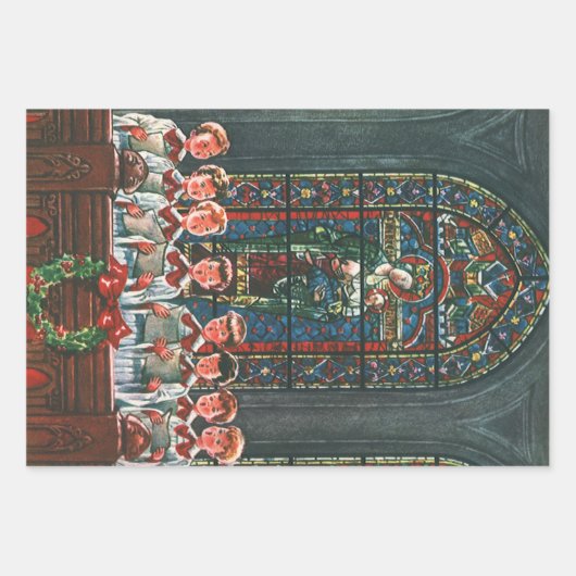 教会で合唱団を歌うヴィンテージクリスマスの子供たち ラッピングペーパーシート (正面)