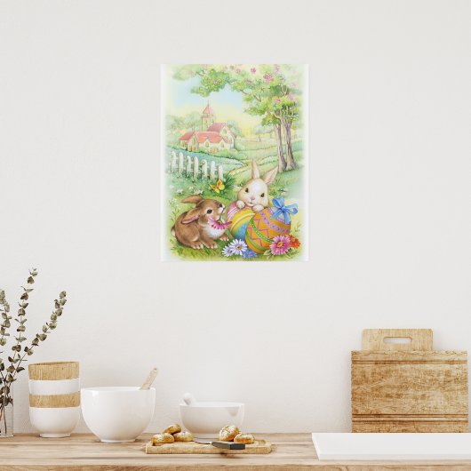 教会と可愛いヴィンテージイースターポスター ポスター (キッチン)