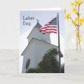 教会と旗を持つ宗教労働者の日カード カード (黄色い花)
