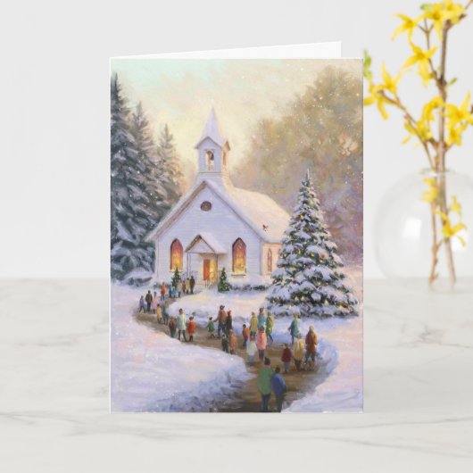 教会と氏子の雪景色 カード (黄色い花)