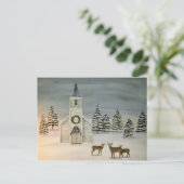 教会と鹿の冬の風景はがき ポストカード (スタンド正面)