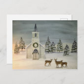 教会と鹿の冬の風景はがき ポストカード (正面/裏面)