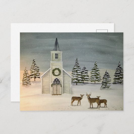 教会と鹿の冬の風景はがき ポストカード (正面/裏面)