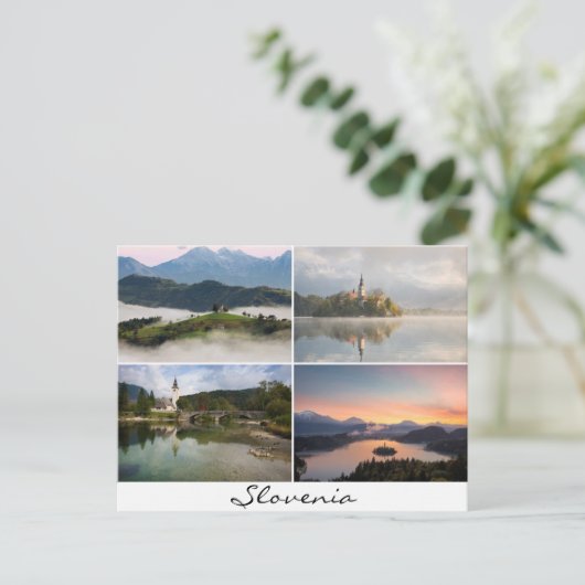 教会のコラージュ記念品とスロベニアの風景 ポストカード (スタンド正面)