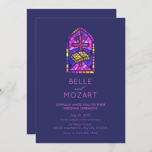 教会のモザイクの窓は聖書結婚の儀式を横切る 招待状 (正面/裏面)