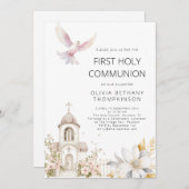 教会のモダン花模様が最初の聖餐式を行う 招待状 (正面/裏面)