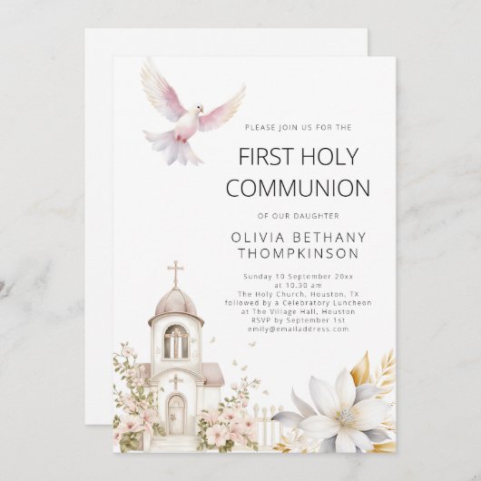 教会のモダン花模様が最初の聖餐式を行う 招待状 (正面/裏面)