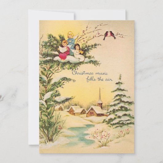 教会の上で歌うヴィンテージクリスマスエンジェル シーズンカード (正面)
