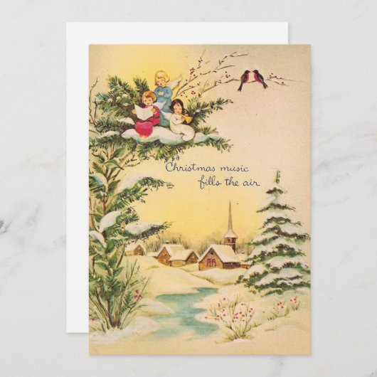 教会の上で歌うヴィンテージクリスマスエンジェル シーズンカード (正面/裏面)