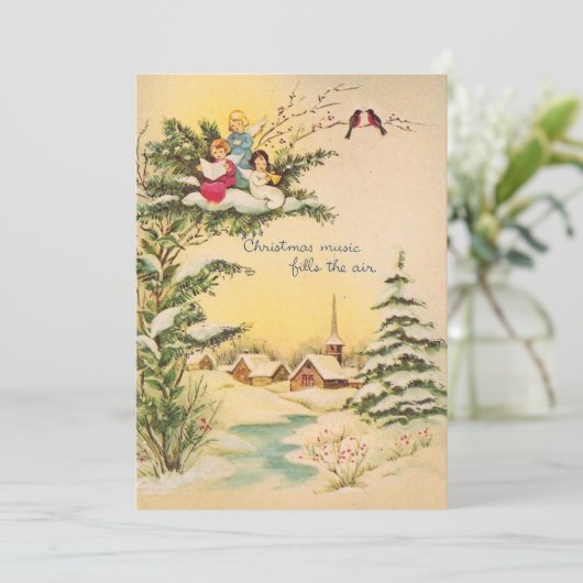 教会の上で歌うヴィンテージクリスマスエンジェル シーズンカード (スタンド正面)