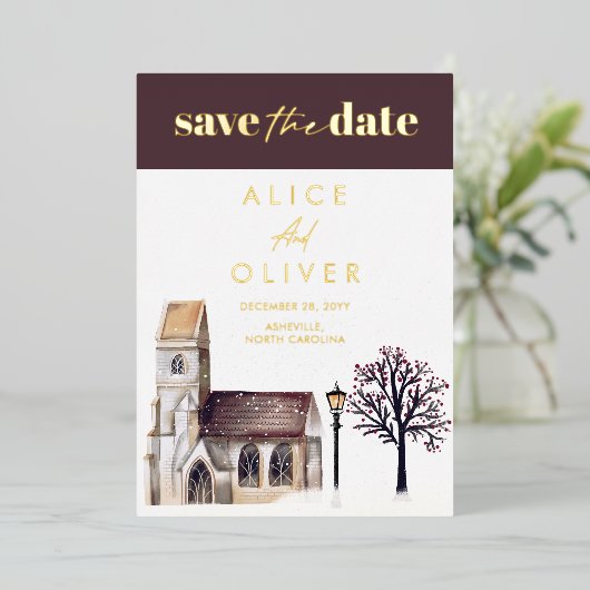 教会の冬の宗教儀式は日付を除く 箔招待状 (立ち正面)