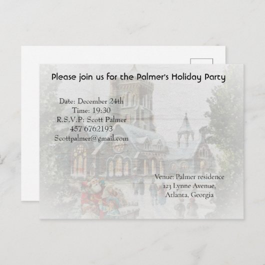 教会の前で子供たちと一緒にいる昔のサンタクロース インビテーションポストカード (正面/裏面)