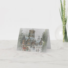 教会の前で子供たちと一緒にいる昔のサンタクロース カード