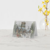 教会の前で子供たちと一緒に過ごす昔のサンタクロース カード (黄色い花)