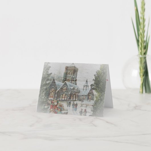 教会の前で子供たちと一緒に過ごす昔のサンタクロース カード (正面)