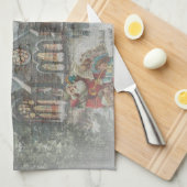 教会の前に子供がいる古いサンタ キッチンタオル (四つ折り)