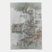 教会の前に子供がいる古いサンタ キッチンタオル (縦)