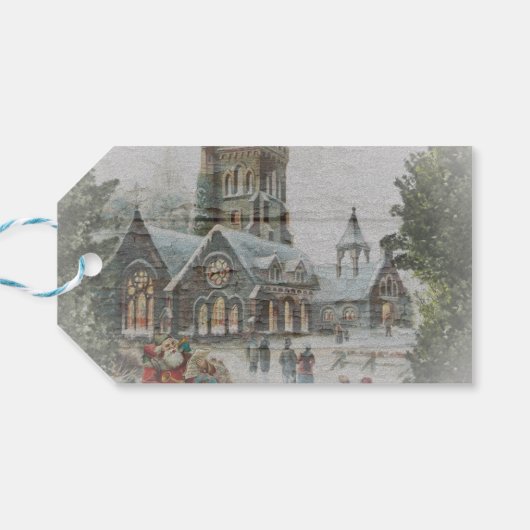 教会の前に子供がいる古いサンタ ギフトタグ (裏面横)