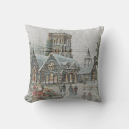 教会の前に子供がいる古いサンタ クッション