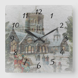 教会の前に子供がいる古いサンタ スクエア壁時計