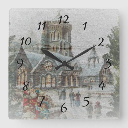 教会の前に子供がいる古いサンタ スクエア壁時計 (正面)