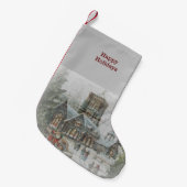 教会の前に子供がいる古いサンタ スモールクリスマスストッキング (正面 (吊り時))