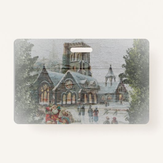 教会の前に子供がいる古いサンタ バッジ (正面)