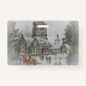 教会の前に子供がいる古いサンタ バッジ (裏面)