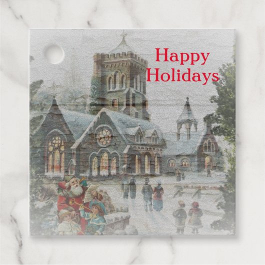 教会の前に子供がいる古いサンタ フェイバータグ (正面)