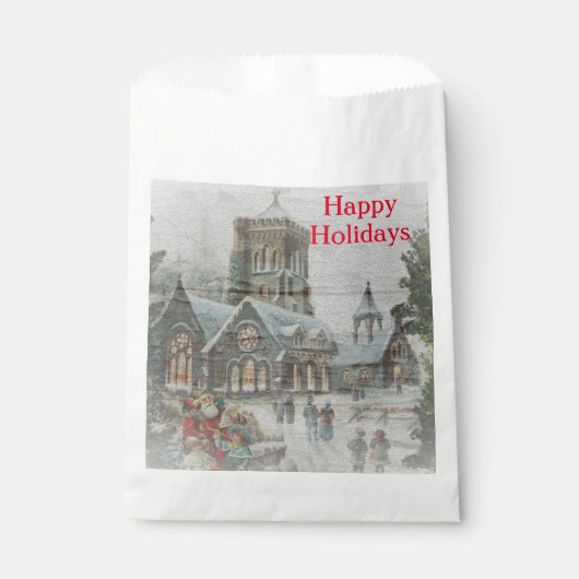 教会の前に子供がいる古いサンタ フェイバーバッグ (正面)