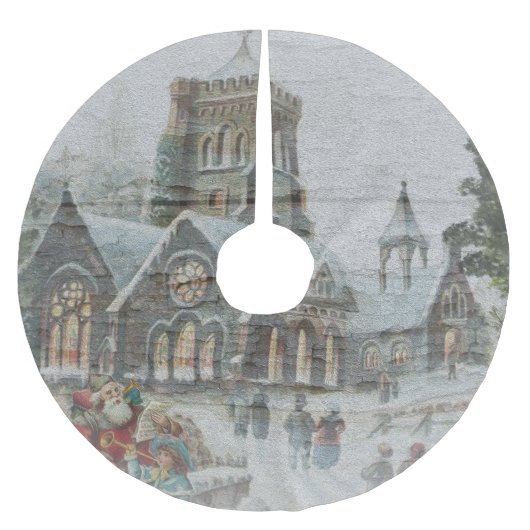 教会の前に子供がいる古いサンタ ブラッシュドポリエステルツリースカート (正面)