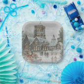 教会の前に子供がいる古いサンタ ペーパープレート (パーティー)