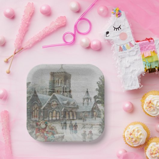 教会の前に子供がいる古いサンタ ペーパープレート (パーティー)