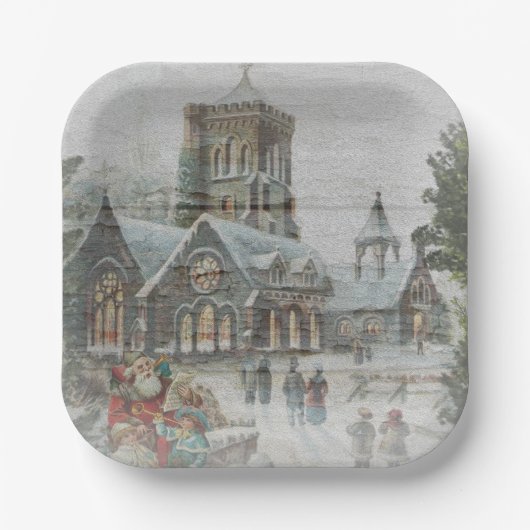 教会の前に子供がいる古いサンタ ペーパープレート (正面)