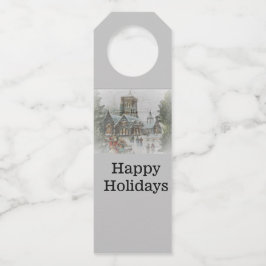 教会の前に子供がいる古いサンタ ボトルネックタグ