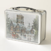 教会の前に子供がいる古いサンタ メタルランチボックス (裏面)