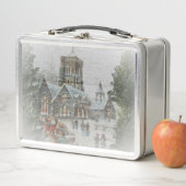 教会の前に子供がいる古いサンタ メタルランチボックス (インサイチュ)