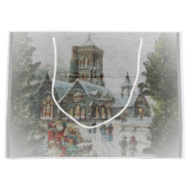 教会の前に子供がいる古いサンタ ラージペーパーバッグ