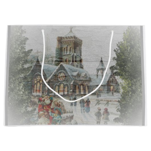 教会の前に子供がいる古いサンタ ラージペーパーバッグ (正面)