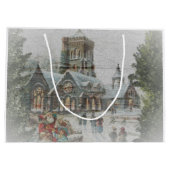 教会の前に子供がいる古いサンタ ラージペーパーバッグ (裏面)