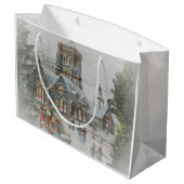 教会の前に子供がいる古いサンタ ラージペーパーバッグ (裏面アングル)