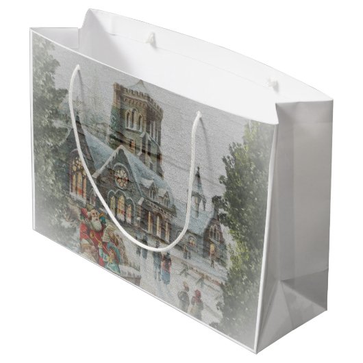 教会の前に子供がいる古いサンタ ラージペーパーバッグ (裏面アングル)