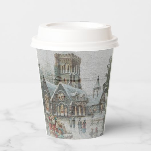 教会の前に子供がいる古いサンタ 紙コップ (正面)