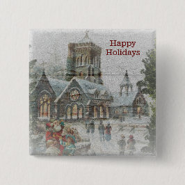 教会の前に子供がいる古いサンタ 缶バッジ