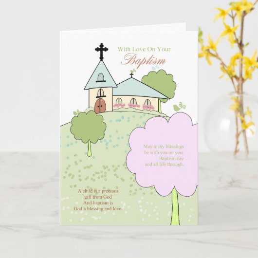 教会の小さな場面で洗礼式のグリーティングカード カード (黄色い花)