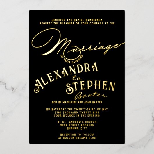 教会の式お祝い素朴、スクリプ結婚ト 箔招待状 (正面)