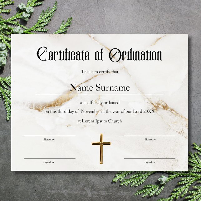 教会の戒厳令 (Certificate of ordination white marble background and gold cross)