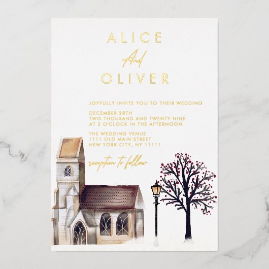 教会の水彩冬の宗教儀式 箔招待状 (正面)