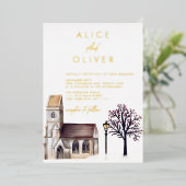 教会の水彩冬の宗教儀式 箔招待状 (立ち正面)