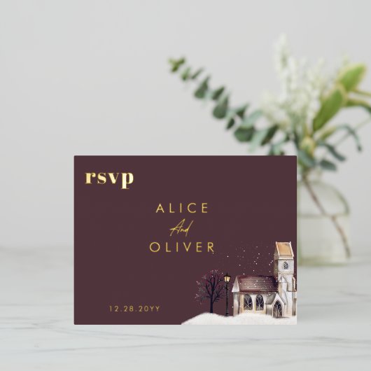 教会の水彩冬の宗教儀式RSVP 箔招待状ポストカード (立ち正面)